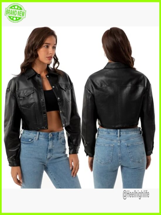 Faux Leather Cropped Moto Jacket, Long Sleeve Button Closure, Point Collar - Picture 2 of 7